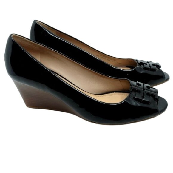 TORY BURCH~Lowell Peep Toe Wedge Pump~PATENT LEATHER SHOES in BLACK SIZE 9.5 - Picture 5 of 7